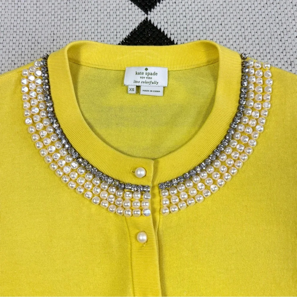 Kate Spade Tula Beaded Pearl & Rhinestone Cardigan in Lemon Yellow XS